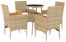 Set da pranzo da giardino 5 pz con cuscini polyrattan e vetro