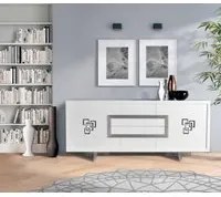 Credenza in frassino 2 porte laccato bianco poro aperto - argento piedi plexiglass l.210 p.50 h.90