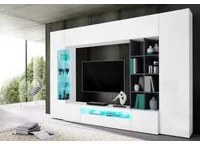 Parete attrezzata da soggiorno, Made in Italy, Mobile porta TV, Set salotto moderno, cm 290x40h192, Bianco lucido e Grigio Cenere, con luce LED blu