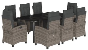 Set da pranzo da giardino 9 pz con cuscini in polyrattan grigio