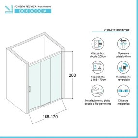 Porta doccia nicchia 170 cm scorrevole 3 ante trasparenti H 200 cm Ted