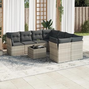 Set divano da giardino 9pz con cuscini grigio chiaro polyrattan