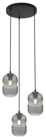 Lampadario 3 Luci Verdi Base Tonda In Acciaio Nero E Vetri Plissettati Fumè