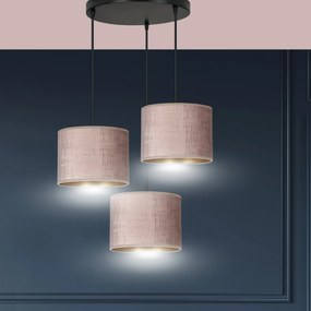 Lampadario Tondo 3 Luci Ganesha In Acciaio Nero E Paralumi In Tessuto Rosa