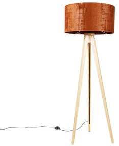Lampada da terra in legno con paralume in tessuto arancione 50 cm - Tripod Classic