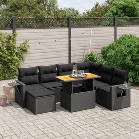 Set divani da giardino con cuscini 8 pz nero in polyrattan