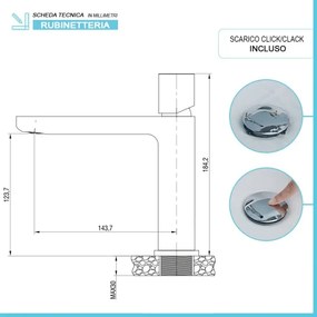 Miscelatore lavabo medio in ottone con manopola e piletta click clack Lotus