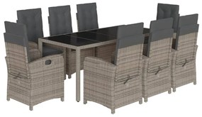 Set da pranzo da giardino 9 pz con cuscini in polyrattan grigio