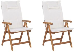 Set di 2 sedie da giardino in legno di acacia con cuscini bianco sporco JAVA Beliani