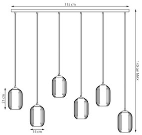 Lampadario 6 Luci Verdi In Acciaio Nero E Vetri Plissettati In Bianco E Fumè