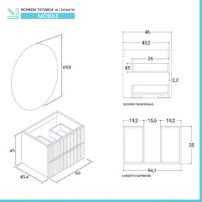 Mobile bagno sospeso cannettato 60 cm noce canaletto con specchio Bali