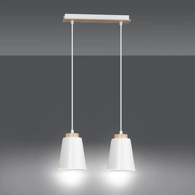 Lampadario 2 Luci Lancillotto Con Paralumi A Cono In Acciaio Bianco E Legno Naturale