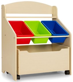 Costway Libreria di legno con ruote per bambini, Organizer libri e giocattoli con 3 cesti Naturale