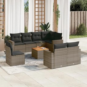 Set Divano da Giardino 9 pz con Cuscini Grigio in Polyrattan