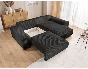 Divano angolare con penisola a destra grigio scuro e rivestimento in velluto a coste allungabile e con contenitore Sarina – Ropez