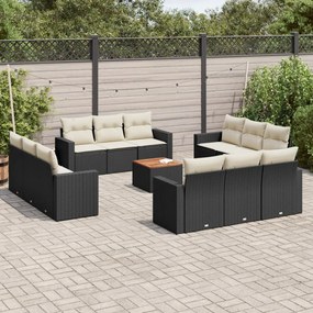 Set divani da giardino 13pz con cuscini nero in polyrattan