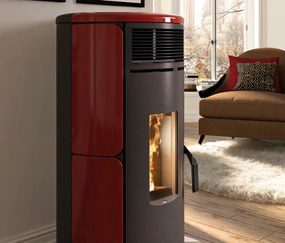 Stufa A Pellet Ad Aria Con Top In Maiolica E Ghisa 8kw Serbatoio 25kg In Acciaio Rosso Bordeaux Royal Dora Air 80