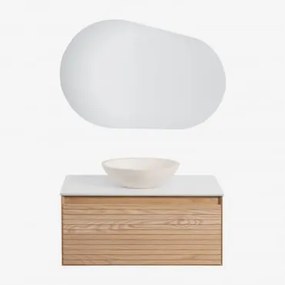 Set Di Mobili Da Bagno In Legno Di Frassino Tedrik Marrone Frassino & Redondo Cemento Blanco (ø40 Cm) Zavion & Ovalado Led Y Antivaho (100x65 - Sklum