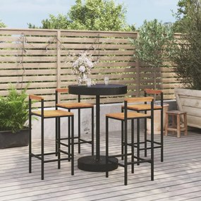 Set Bar Giardino 5 pz Nero Polyrattan e Legno Massello Acacia