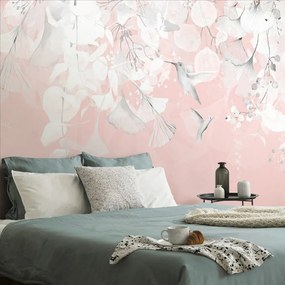 Carta da parati – Foglie con Colibrì in Rosa-Grigio