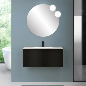Mobile bagno sospeso 100 cm nero opaco cannettato con cassetto, specchio e lavabo Nara