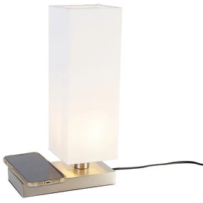 Lampada da tavolo in acciaio con paralume bianco con dimmer touch e ricarica a induzione - Romina