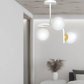 Lampadario 3 Luci Kalf In Acciaio Bianco A Bracci E Sfere In Vetro Opalino E Oro