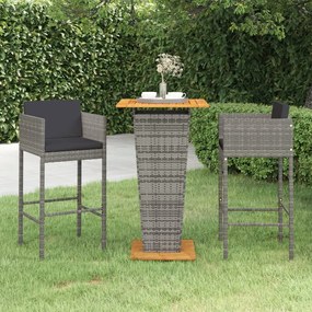 Set bar da giardino 3 pz con cuscini in polyrattan grigio