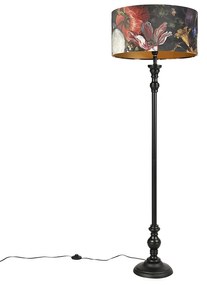 Lampada da terra nera con paralume in velluto a fiori oro 50 cm - Classico