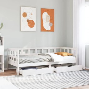 Dormeuse Con Cassetti Bianco 90x200 Cm Legno Massello Di Pino /