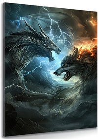 Quadro su tela – Duello tra drago e lupo