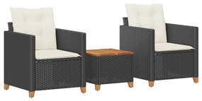 Set da Bistrò 3 pz con Cuscini Nero Polyrattan e Legno Acacia