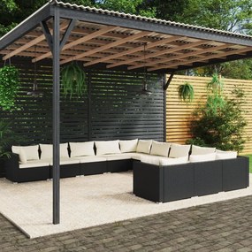 Set divani da giardino 11 pz con cuscini in polyrattan nero