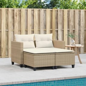 Divano da Giardino 2 Posti con Sgabelli Beige in Polyrattan