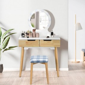 Costway Set tavolo trucco e toeletta con specchio rotondo e 8 lampadine LED, Toeletta con sgabello imbottito, Naturale
