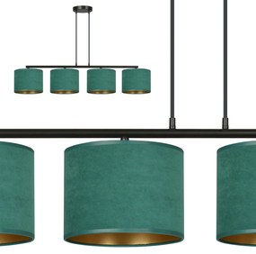 Lampadario 4 Luci Hilde In Acciaio Nero E Paralumi In Tessuto Verde