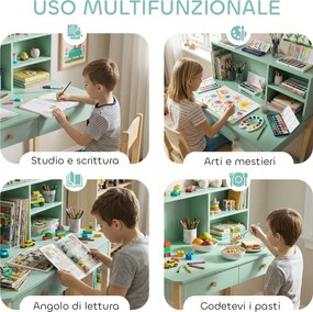 Scrivania per Bambini 5-12 Anni 90x52x105 cm con 3 Ripiani e 2 Cassetti in Legno Verde...