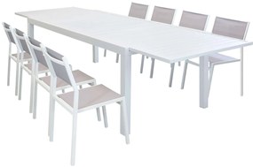 DEXTER - set tavolo in alluminio e teak cm 200/300 x 100 x 74 h con 8 sedie Aulus