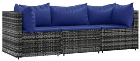 Set divani da giardino 3 pz con cuscini in polyrattan grigio