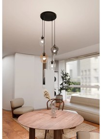 Lampadario 4 Luci Fuxi Base Tonda Acciaio Nero E Vetri Ambra Trasparente E Fumè