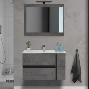 Mobile Bagno Sospeso "Oxid" Da 90 Con Due Cassetti Ed Un'Anta Lavabo E Specchio Finitura Ossido Grigio