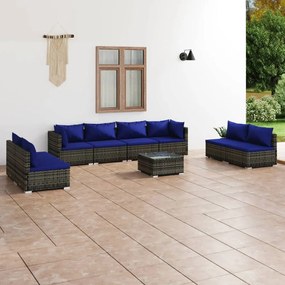 Set Divani da Giardino 9 pz con Cuscini in Polyrattan Grigio