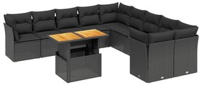 Set divani da giardino 11 pz con cuscini in polyrattan nero