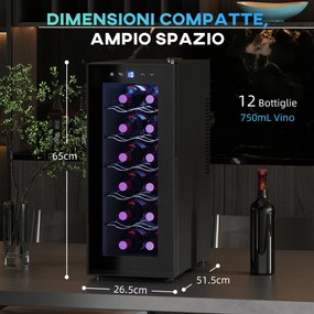 Cantinetta Vino Refrigerata per 12 Bottiglie Doppio Controllo Temperatura Ripiani Regolabili e Luci Nero...