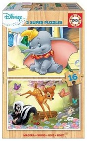 Set di 2 Puzzle Disney Dumbo  Bambi Educa 18079 Legno Per bambini 16 Pezzi