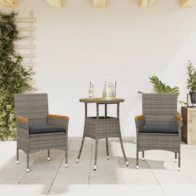Set Pranzo Da Giardino 3pz Con Cuscini Polyrattan Acacia Grigio /