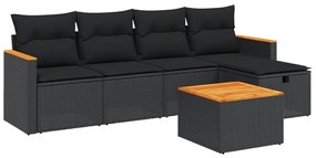 Set divano da giardino 6 pz con cuscini nero in polyrattan