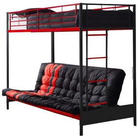 Letto a soppalco 90 x 190 cm con divano letto Metallo Nero e Rosso + Futon - MODULO V