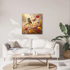 Quadro su tela – Uccellino nella natura in fiore