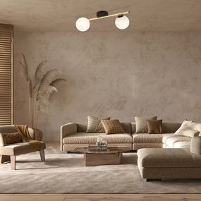 Plafoniera Contemporanea 2 Luci Eracle In Acciaio Oro/Nero E Sfere Vetro Bianco